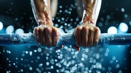 Detailed view of female gymnast's muscular arms as she executes a skill on the uneven bars, veins and chalk marks highlighted, artistic gymnastics, summer sports event
