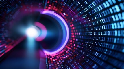 Fototapeta premium Digital neon tunnel with bright lights and grid structures, offering a cyber space and virtual reality environment, bold colors and intricate designs for a high-tech feel