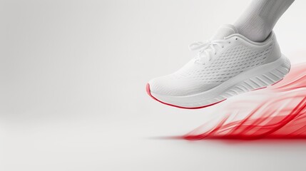 Dynamic shot of a runner's feet mid-stride, high-performance running shoes in action, white background emphasizing the movement and athleticism, perfect for sports-themed designs