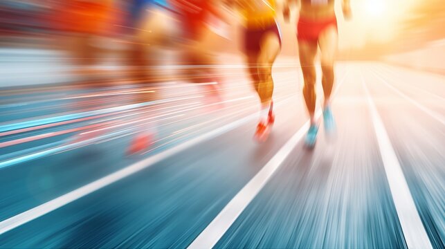 Dynamic relay race, selective focus on baton exchange between professional athletes, energy and speed evident, colorful racetrack backdrop blurred