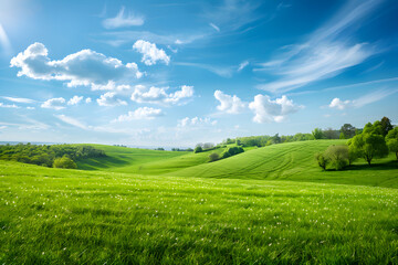 Fototapeta premium Tranquil Green Hills Under Clear Blue Sky with Scattered Clouds and Gentle Breeze