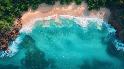 A drone view of a picturesque beach with clear blue waters, sandy shores, and waves rolling in.