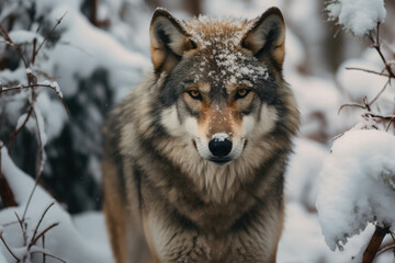 Fototapeta premium Majestic Wolf Standing in a Snow-Covered Forest with Intense Gaze