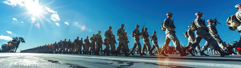 A line of soldiers marching under the bright sun, depicting strength, unity, and discipline with a vibrant blue sky in the background.