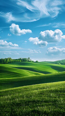 Obraz premium Tranquil Green Hills Under Clear Blue Sky with Scattered Clouds and Gentle Breeze