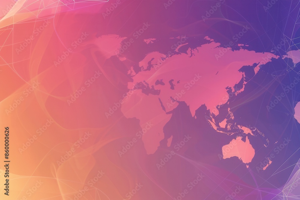 Aufkleber A simple, minimalist illustration of a world map with clean lines on a gradient background of pink, purple, and orange. Generative AI