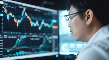 Obraz premium Focused trader analyzing stock market data on multiple computer screens in a dimly lit office for financial insights and investment opportunities.