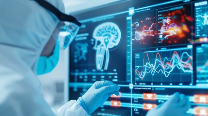 Scientist analyzing complex data on a digital screen, focusing on brain research, wearing protective gear in a modern laboratory setting.