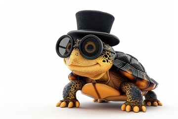 Cute cartoon turtle wearing a top hat and monocle, white background, illustration background