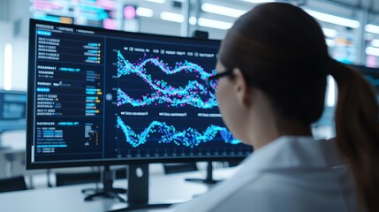 A scientist analyzing complex data visualizations on a computer screen in a modern laboratory setting, focusing on graphs and statistical information.