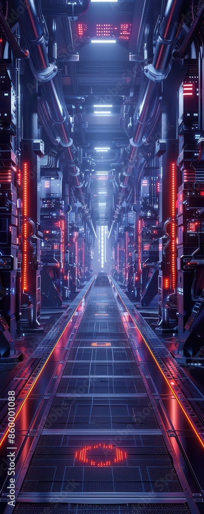 Poster futuristic data center with neon lights and endless rows of servers. high-tech, modern infrastructur