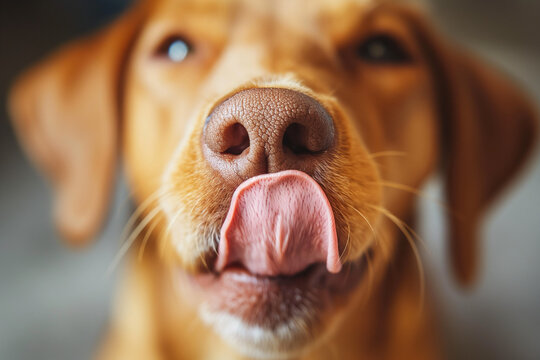 Funny portrait puppy dog licking its lips with tongue, close up