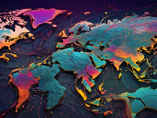 Obraz premium A vibrant and dynamic abstract world map, showcasing the intricate connections of a global network