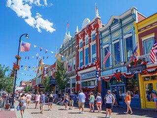 Naklejka premium Vibrant summer day on a bustling street with colorful shops, people walking, and festive decorations under a clear blue sky.