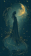 Moonlit angel reflecting the nurturing essence of Cancer. ,Dark Color light ,vectorline design , illustration , Mobile Wallpaper
