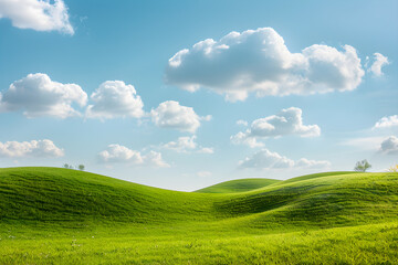 Naklejka premium Tranquil Green Hills Under Clear Blue Sky with Scattered Clouds and Gentle Breeze