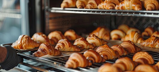 Delicious freshly baked croissants placed on a tray are taken out of the oven by the hand of an anonymous person in a bakery in daylight