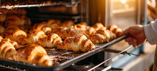 Delicious freshly baked croissants placed on a tray are taken out of the oven by the hand of an anonymous person in a bakery in daylight