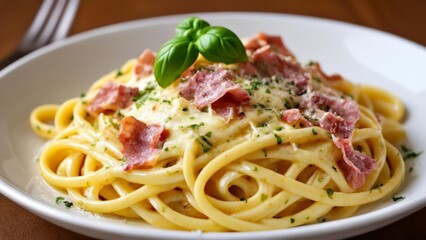  Delicious pasta dish with ham and basil ready to be savored