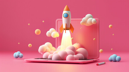 Rocket launch from laptop 3D render with cute color