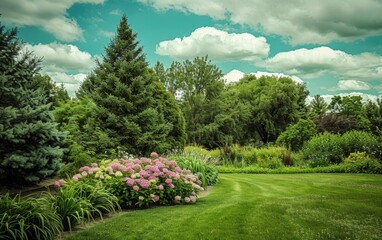 Obraz premium Tranquil Garden Scene with Fluffy White Clouds, Lush Greenery, and Colorful Blooms Under Soft Sunlight