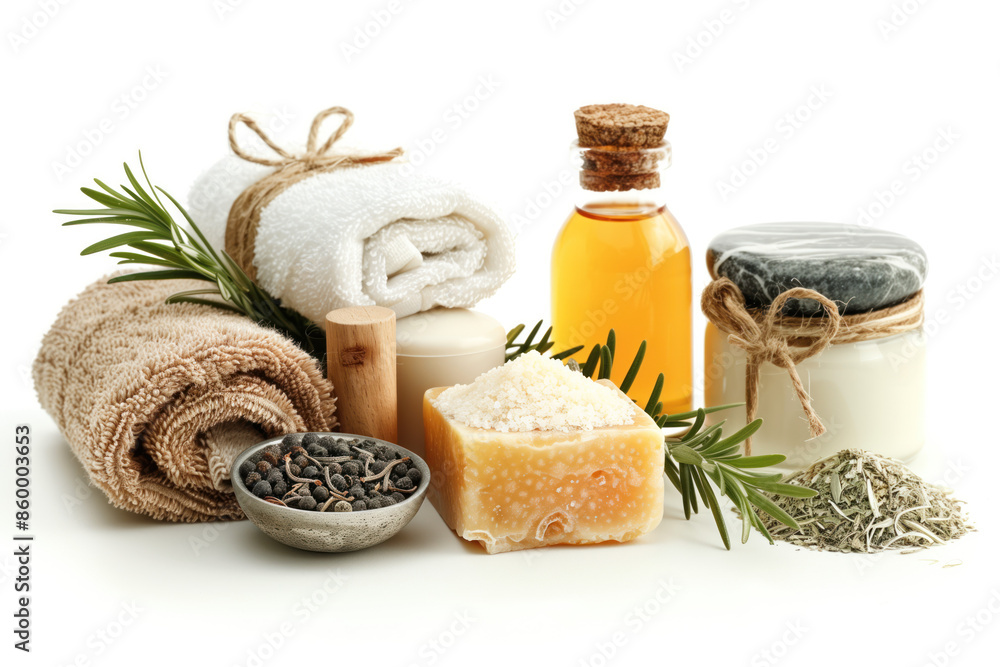 Poster spa product arrangement isolated on a white background. created with generative ai technology.