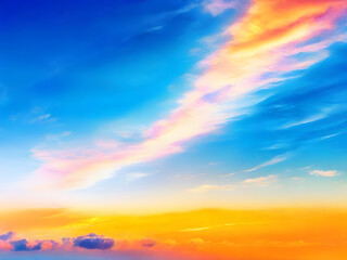 Naklejka premium Fantasy vibrant panoramic sunset sky - Gradient rich colors - ethereal dreamy summer sunset or sunrise sky. Uplifting and peaceful sky. - blue, orange, yellow vibrant rich colors