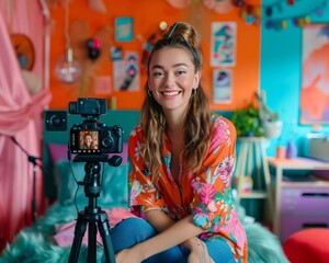 Happy Beauty Vlogger Revealing Makeup Secrets in Stylish Home Studio with Vibrant Decor, Smartphone on Tripod for Social Media Live Stream