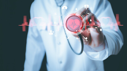 Cardiologist doctor examine patient heart functions and blood vessel on virtual interface. Medical...