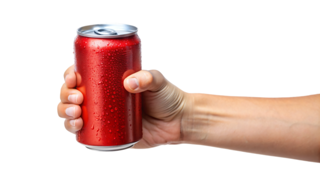 A hand grasping a cylindrical beverage container, a cola can