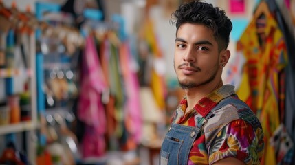 The picture of the hispanic male fashion designer working inside cloth workshop or studio that has been filled with various colorful cloth, the fashion designer require creative and detailed. AIG43.