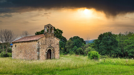 Fototapeta premium Romanesque church of San Esteban de Aramil, also known as San Esteban de los Caballeros, 12th century, Siero, Asturias, Spain