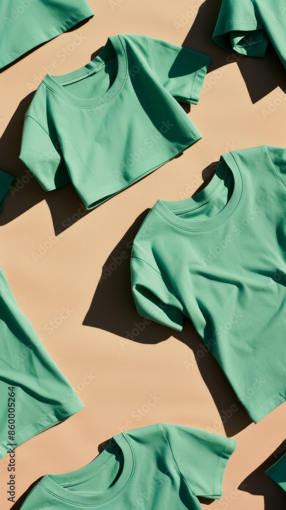 Poster pattern of green t-shirts arranged on a beige background cast with soft shadows, symbolizing organiz