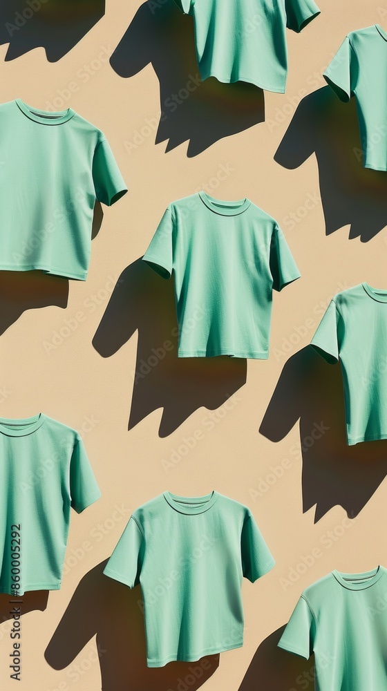 Poster simple and clean display of green shirts with soft shadows on a beige background depicting sunny day