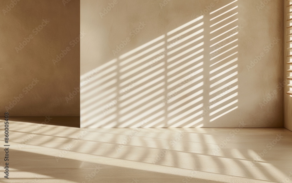 Poster tranquil morning light filtering through blinds on a smooth beige concrete surface in a minimalist i