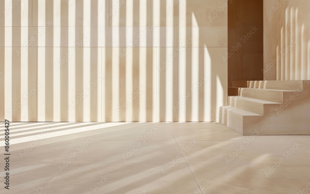 Poster serene morning light casting shadows on a smooth beige concrete surface in a minimalist indoor setti