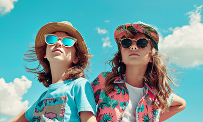 Stylish childrens in summer outfit. Kids fashion concept.
