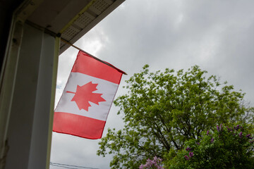 A Canadian flag waving outside a building against a cloudy sky with a tree in the background.