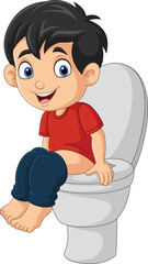 Cartoon little boy sitting on a toilet bowl