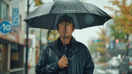 Rainy city stroll with determined man holding umbrella