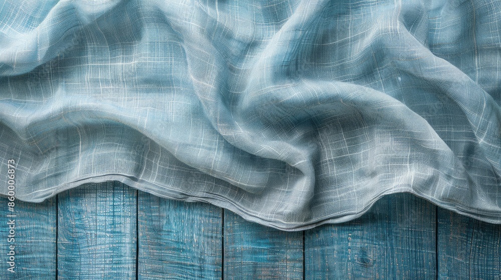 Poster top view of blue wooden background with gray linen texture and empty space for design simulation