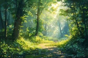 Obraz premium Scenic forest pathway with sunlight filtering through lush green trees, creating a tranquil and enchanting natural landscape.