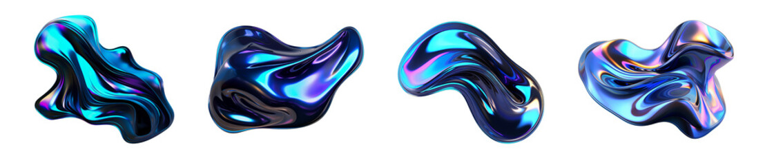 3d fluid abstract metallic dark holographic colored shape png set isolated on transparent background 