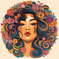 Colorful illustration of a woman's face embracing psychedelic 'flower power' revival, featuring vibrant colors and retro artistic vibes