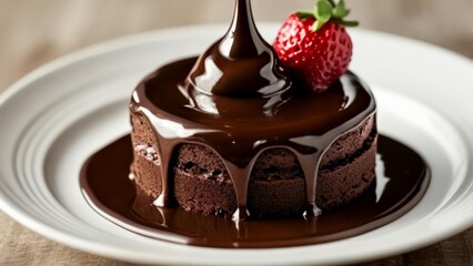  Indulgence in every bite  Chocolate cake with a drizzle of chocolate and a fresh strawberry