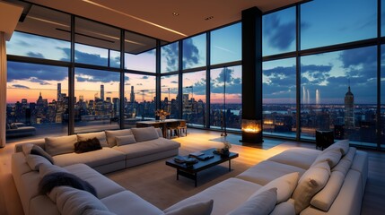 An ultra-wide shot of the living room in an empty luxury penthouse overlooking New York City, with large floor-to-ceiling glass walls on all sides, modern furniture and decor, a large white sofa