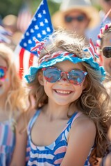 Close-up of smiling kids wearing glitter face paint and patriotic gear, enjoying a festive outdoor celebration under the bright sun.