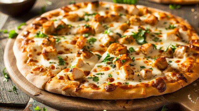 Delicious chicken pizza with herbs on a wooden table