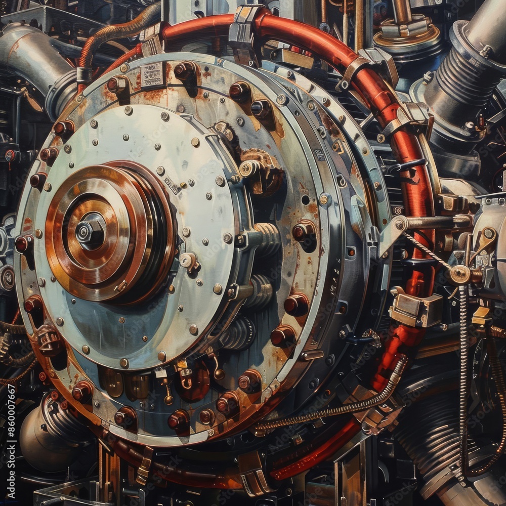 Poster close-up of a complex mechanical engine with intricate details and metallic components, showcasing e