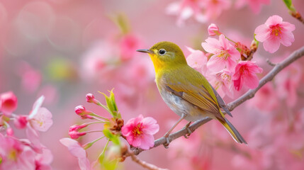 Fototapeta premium Close-up of a bird perched on a cherry blossom branch with pink flowers in full bloom.